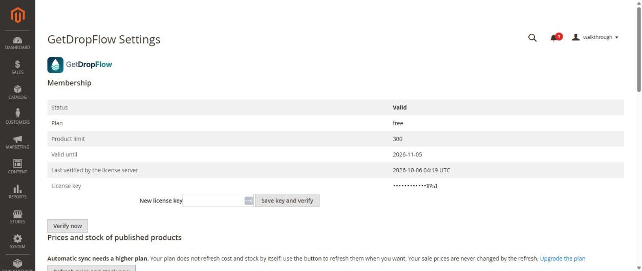 The GetDropFlow Settings page after installation