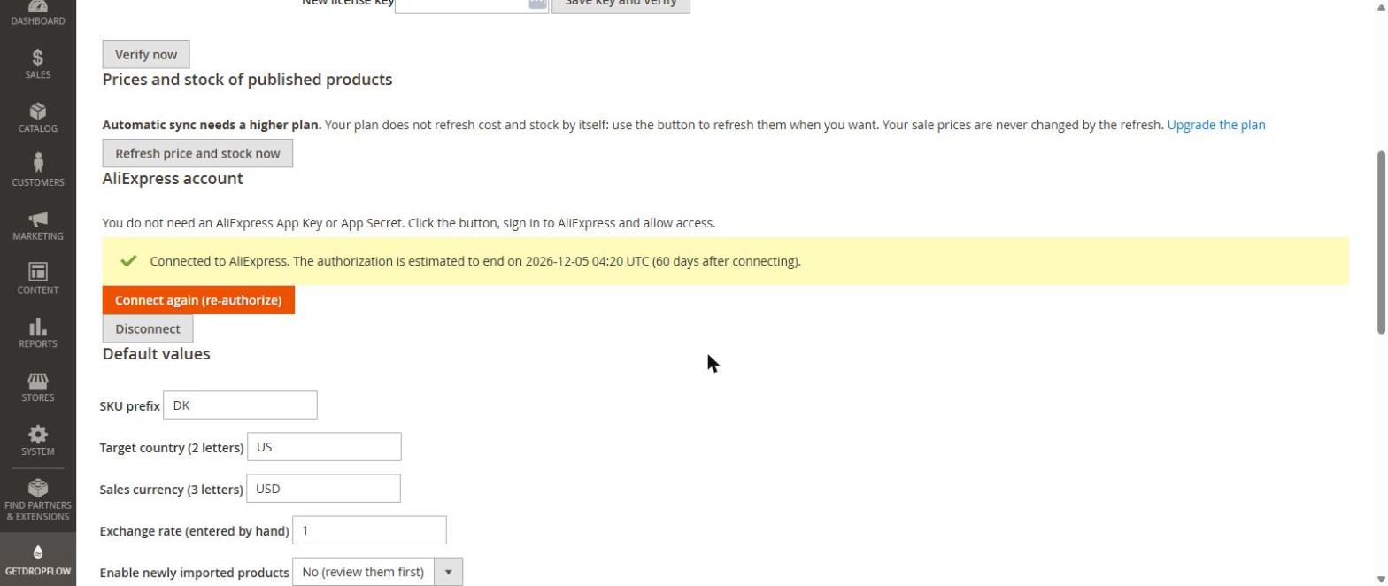 AliExpress connected, with the end date of the permission