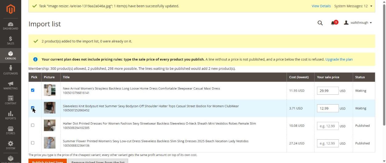Import list: type the price, tick the lines, press Publish