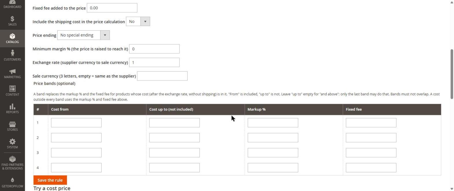 The rule form with price bands