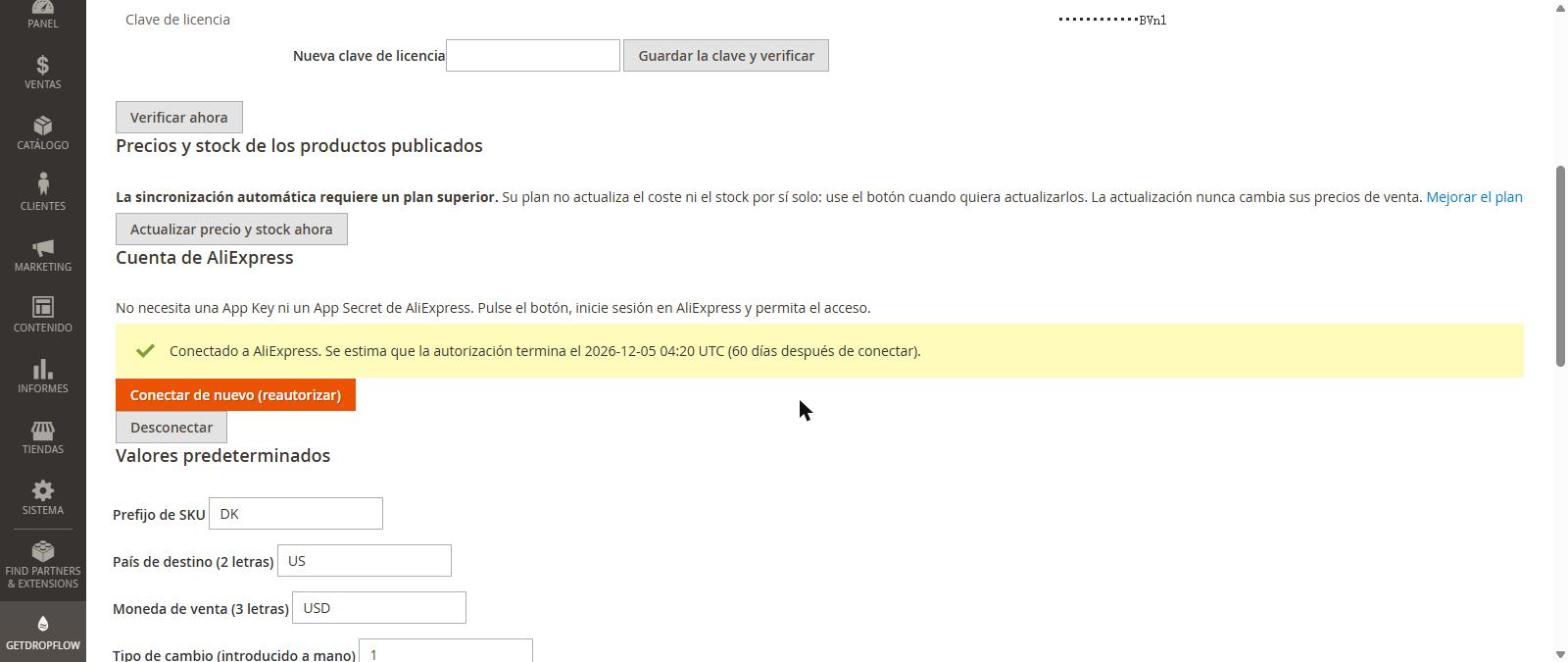 AliExpress conectado, con la fecha de fin del permiso