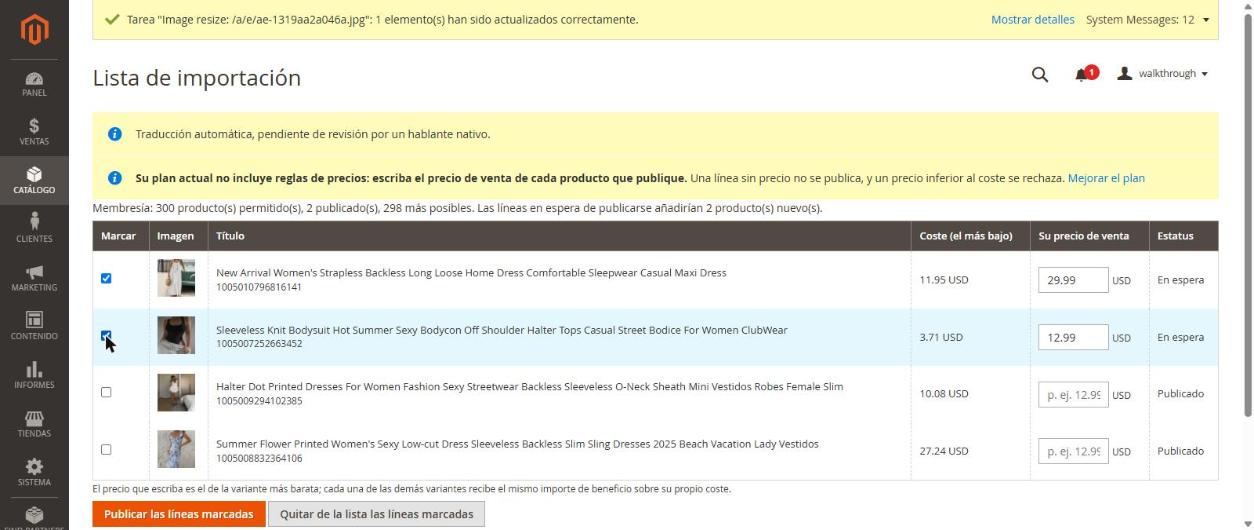 Lista de importación: escriba el precio, marque las líneas y pulse Publicar
