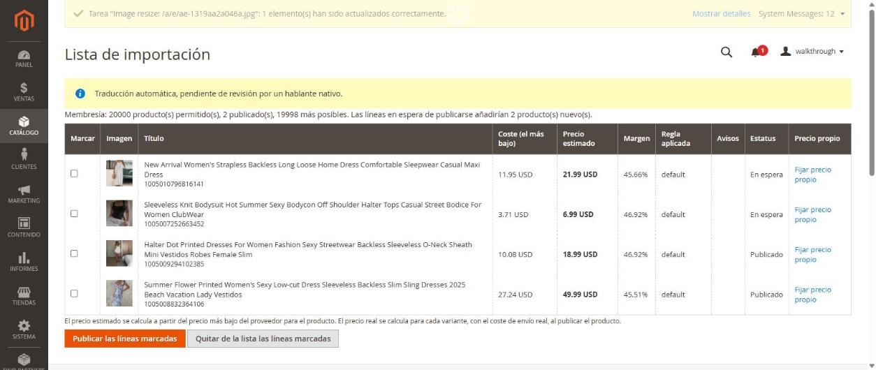 Lista de importación con precio estimado, margen y regla aplicada